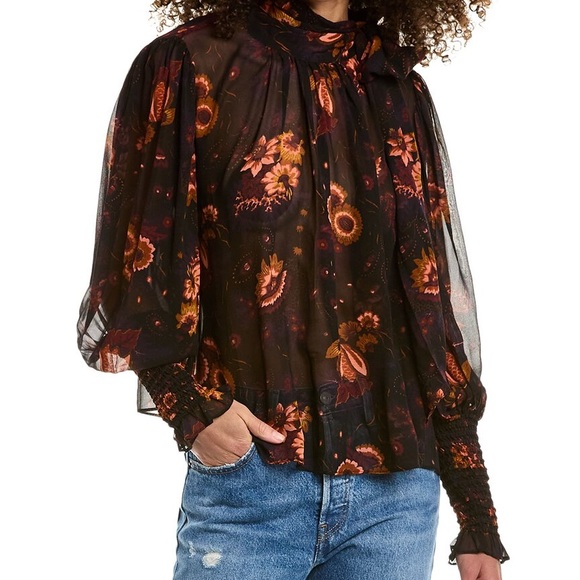 Ulla Johnson Black Blouse with Ruffled Long Sleeves and Mandarin Collar
